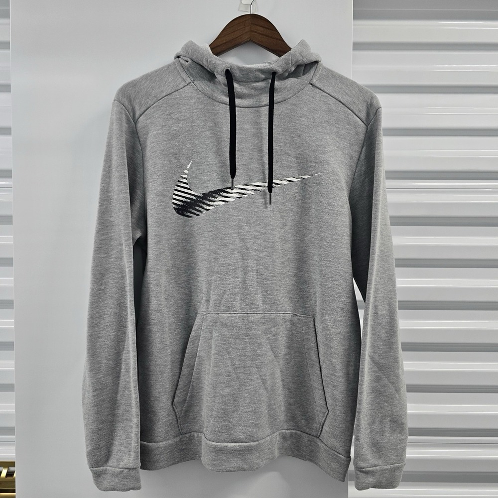 Nike Dri-FIT Hoodie Mens Medium Gray Big Striped Swoosh Pullover Sweatshirt